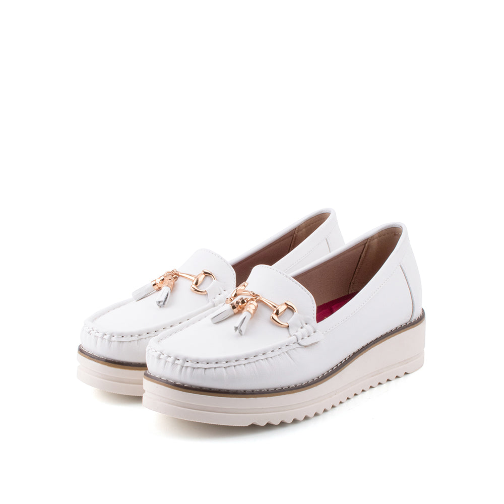 LARRIE Ladies White Tassel Platform Loafers