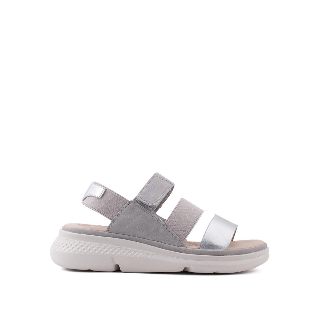 LARRIE Ladies Silver Velcro and Elastic Strap Comfort Sandals
