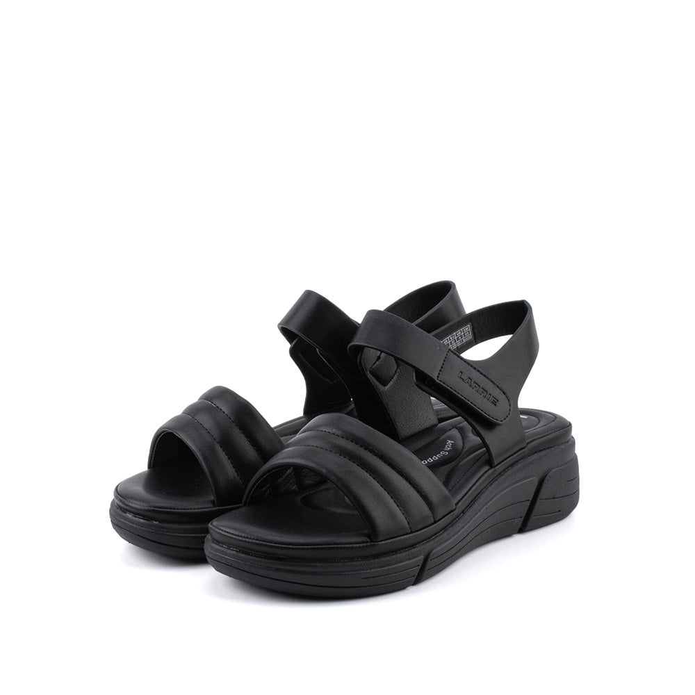 LARRIE Ladies Black Velcro Cushioned Strap Sandals